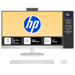 HP All-in-One, Intel Core Ultra 7 155U (16GB DDR5,1TB SSD) IPS, 300 nits, Anti-Glare, 27inch(68.6cm) FHD, Win11, M365, Office24, Shell White, 6.72kg, FHD IR tilt Camera w/Privacy shuttter, 27-cr1009in
