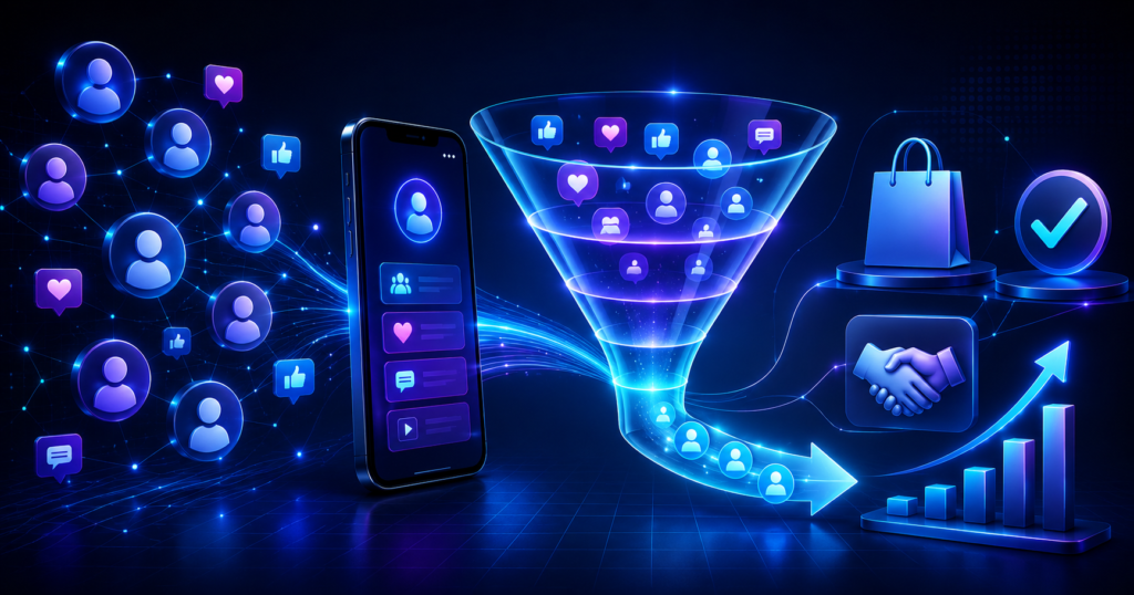 Social media marketing funnel turning followers into customers
